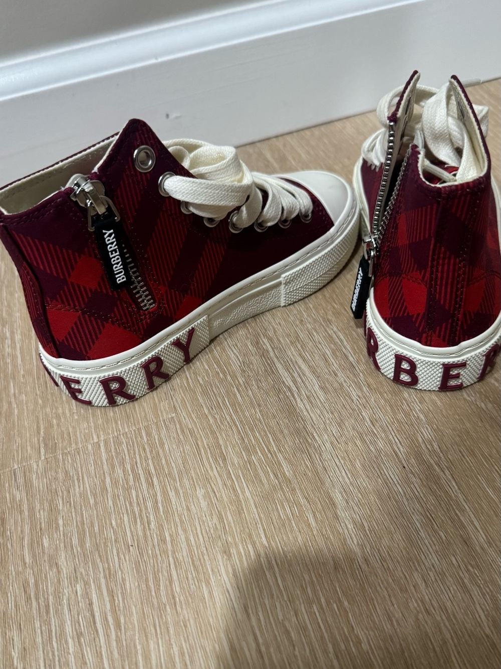 Burberry Kids Red Plaid High-Top Sneakers with Cream Accents